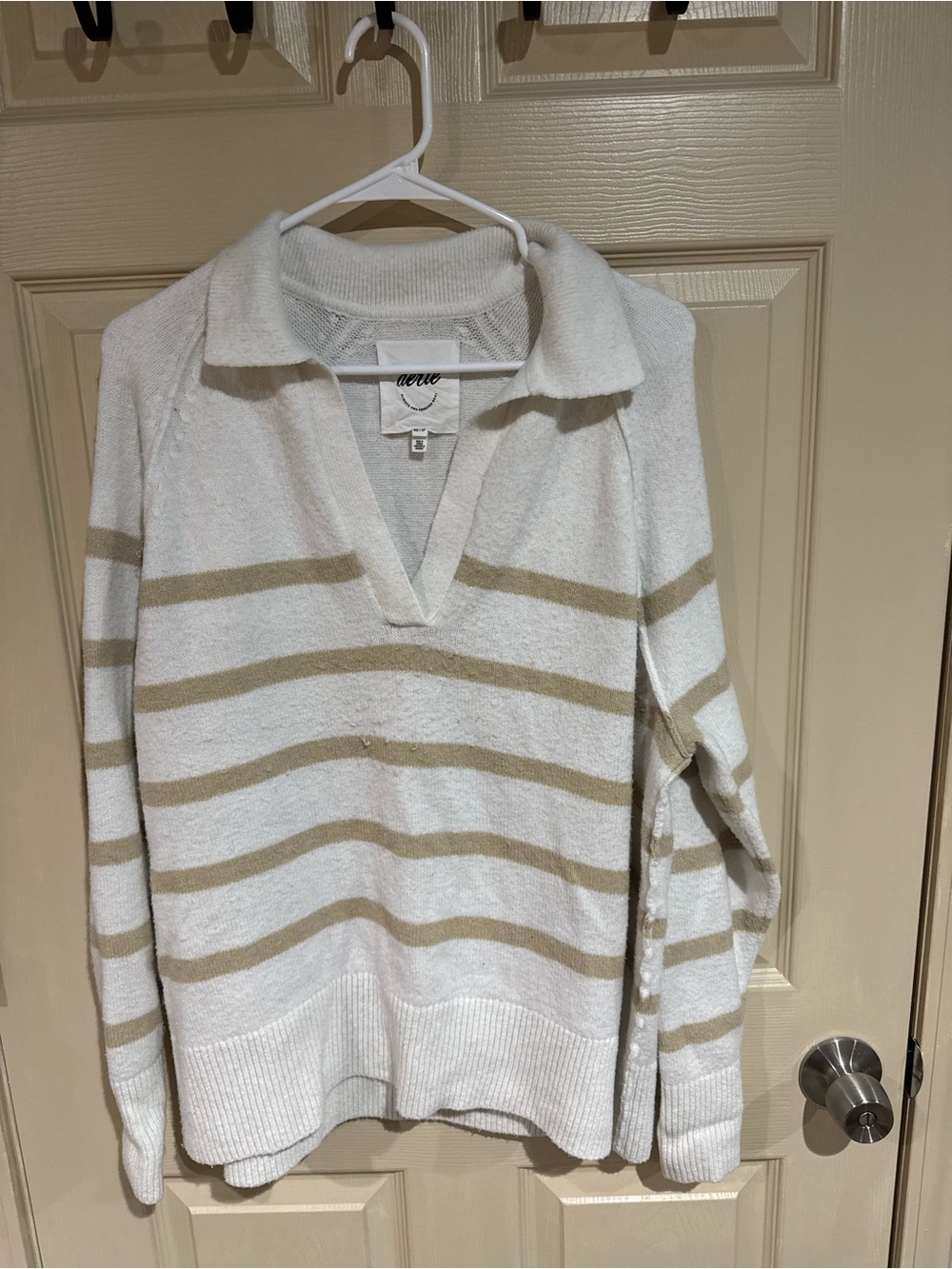 aerie Cream & Beige Striped V-Neck Collared Sweater